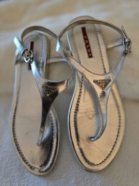 Prada Silver Leather T-Strap Sandals
